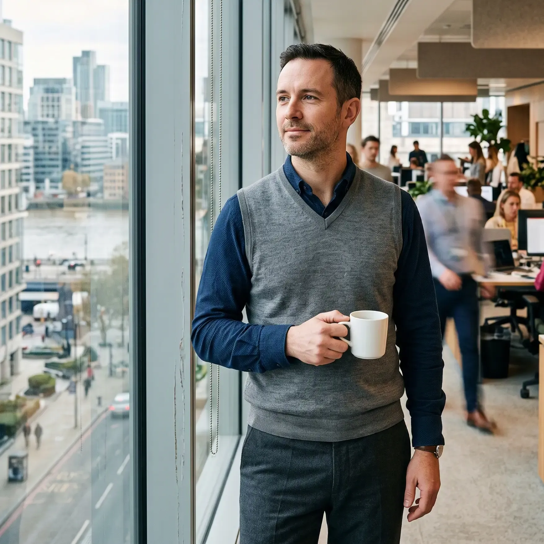 A man taking a calm moment by the office window