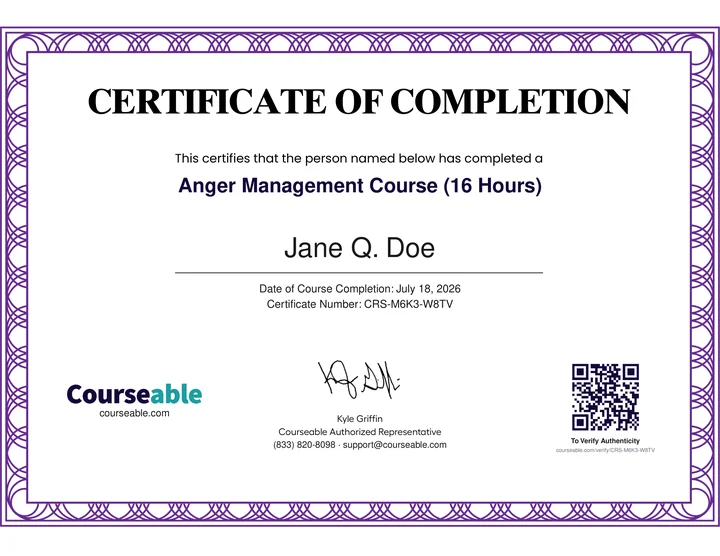 Sample Courseable certificate of completion for a court anger management course