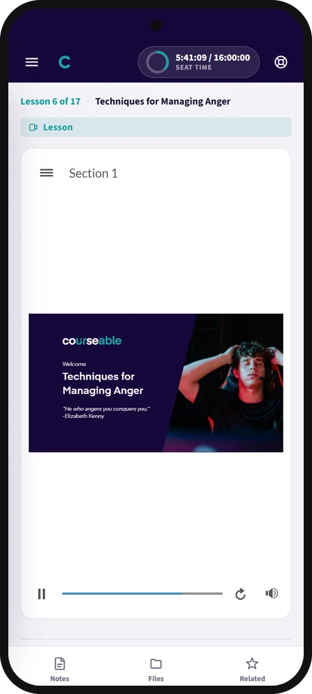 The Courseable lesson player showing an anger management lesson on a phone