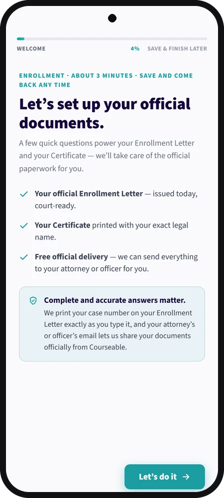 The Courseable enrollment form on a phone