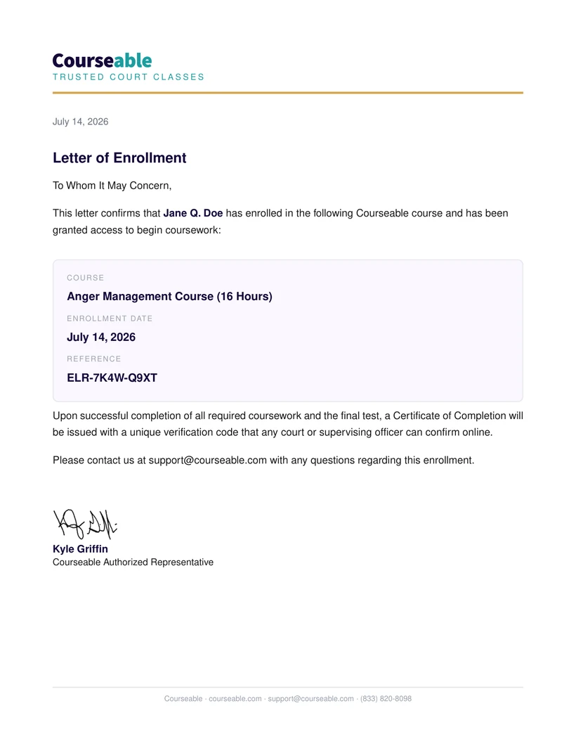 Sample Courseable Proof of Enrollment letter for a court anger management course