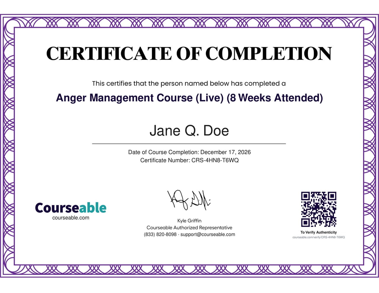 Sample certificate of completion: Anger Management Course (Live) (8 Weeks Attended), with the date, certificate number and a QR code to verify it