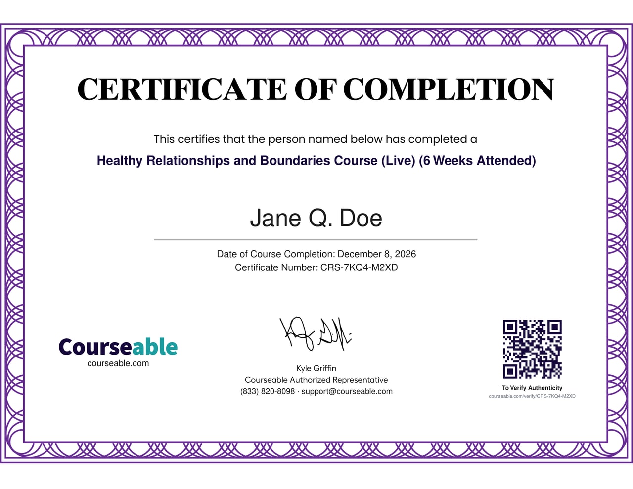 Sample certificate of completion: Healthy Relationships and Boundaries Course (Live) (6 Weeks Attended), with the date, certificate number and a QR code to verify it