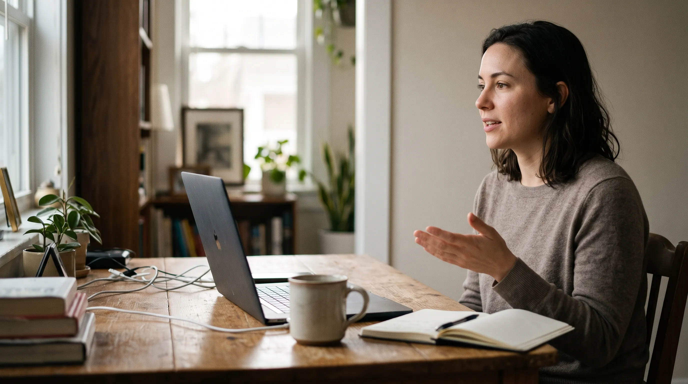 Illustrative scene of an adult at home taking part in a live online class