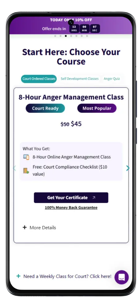 Course selection screen on phone