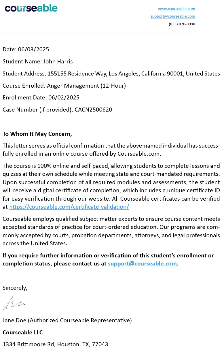 Proof of Enrollment letter